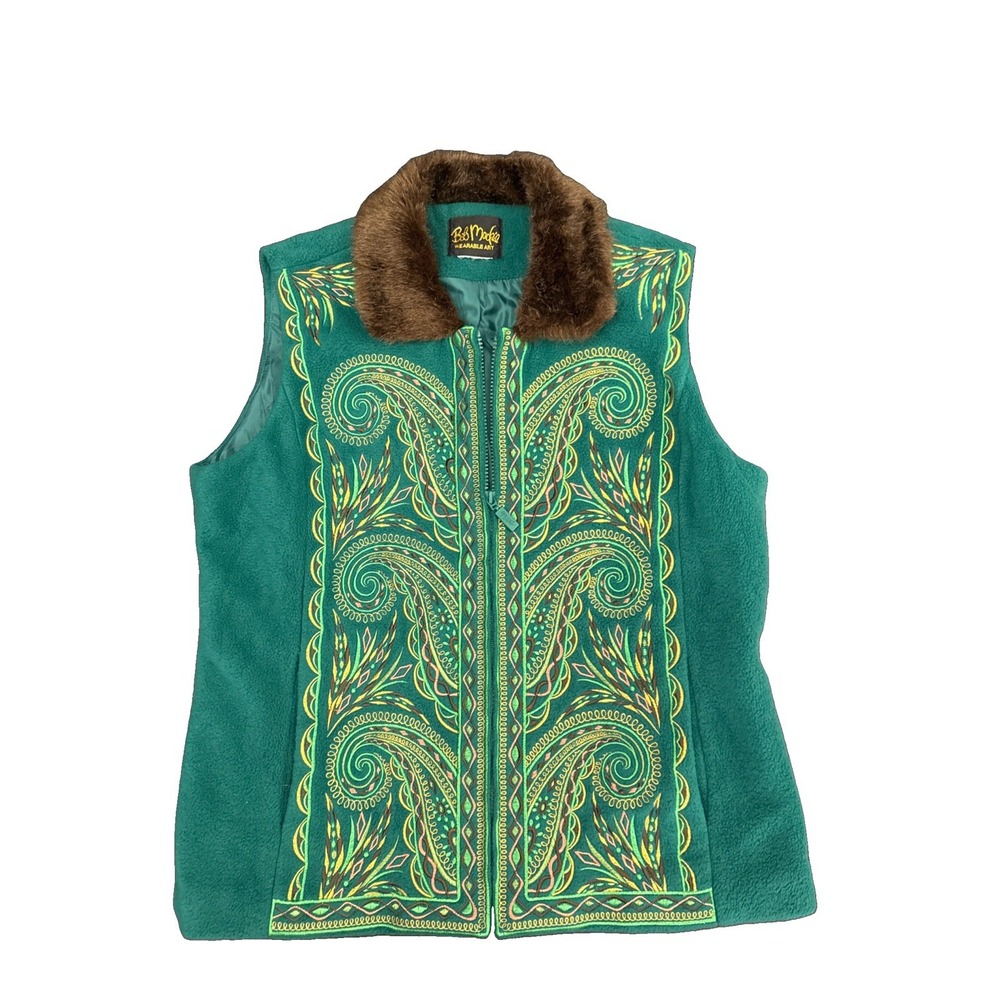 Bob Mackie Wearable Art Fleece Vest Green Embroidered Faux Fur Collar Vintage